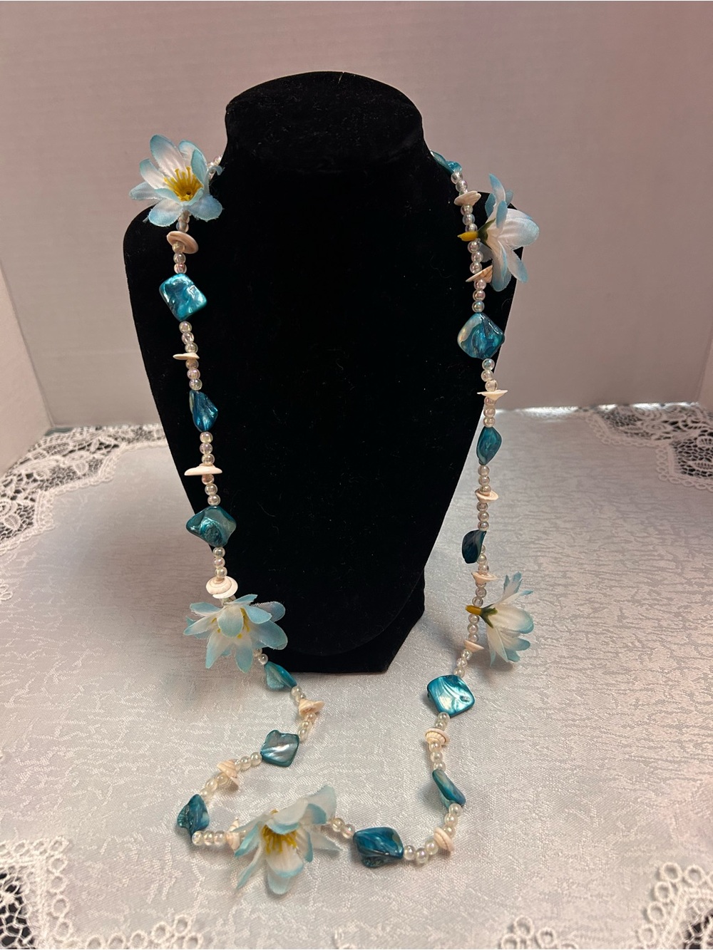 Handcrafted Blue Floral Pearl Strand Necklace - Unbranded